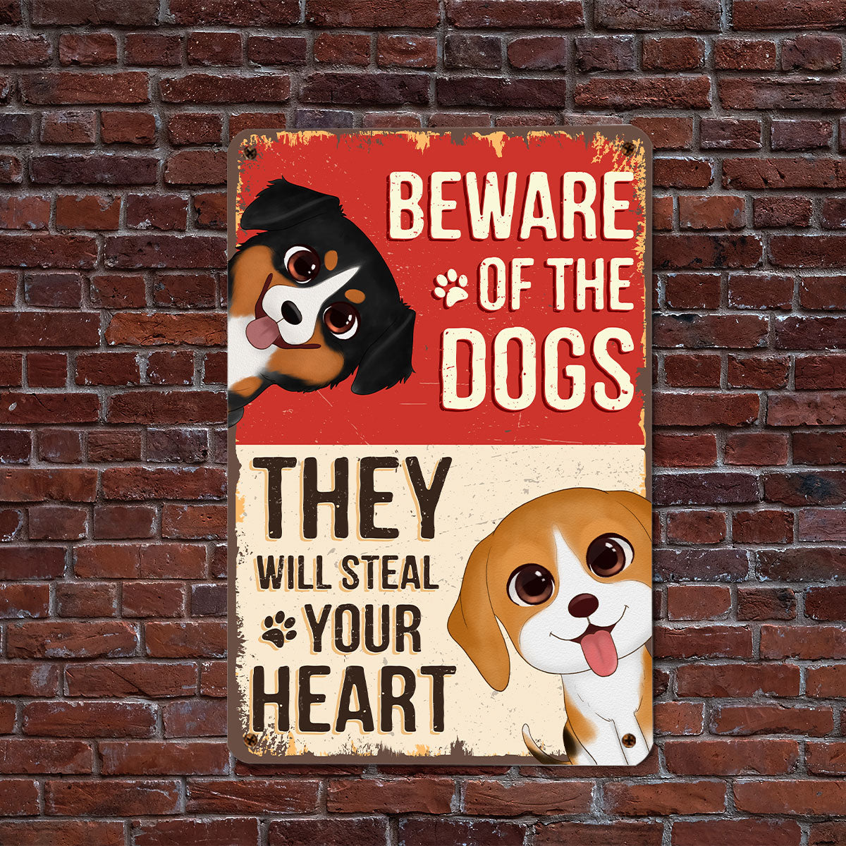 Watercolor Cute Dogs Beware Of The Dogs Personalized Metal Sign