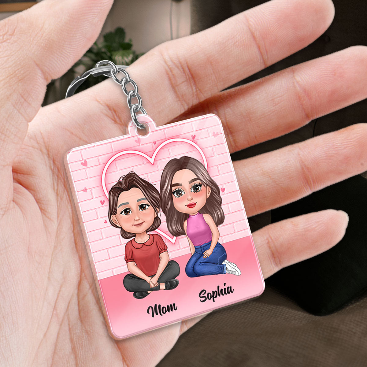 Pretty Doll Mother Daughters Pink Brick Calendar Date Personalized Acrylic Keychain
