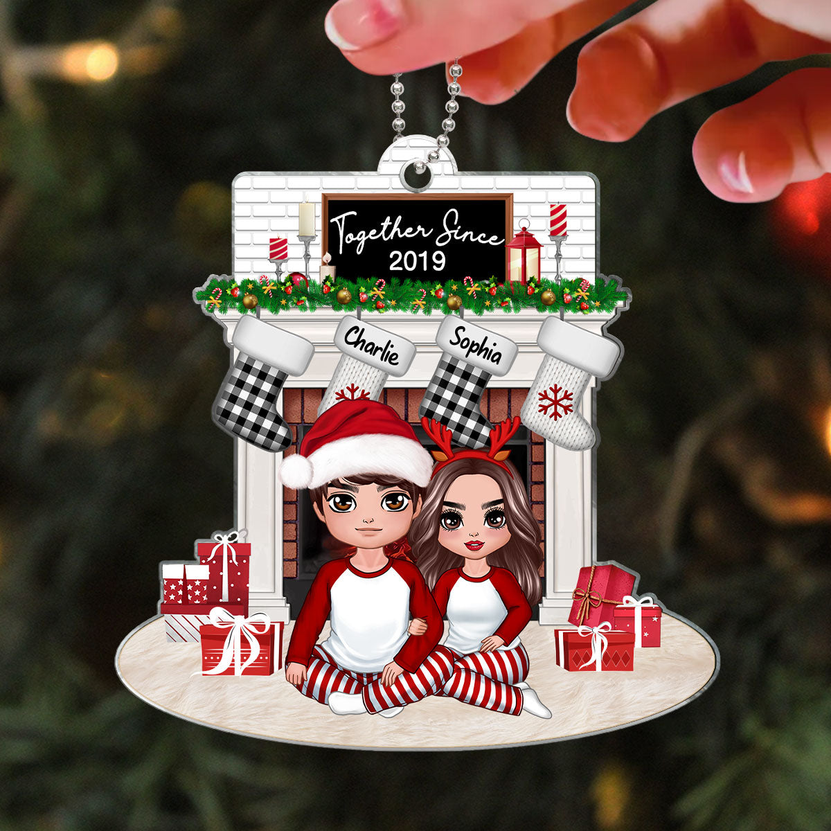Couple Sitting Hugging At Christmas Fireplace Personalized Acrylic Ornament