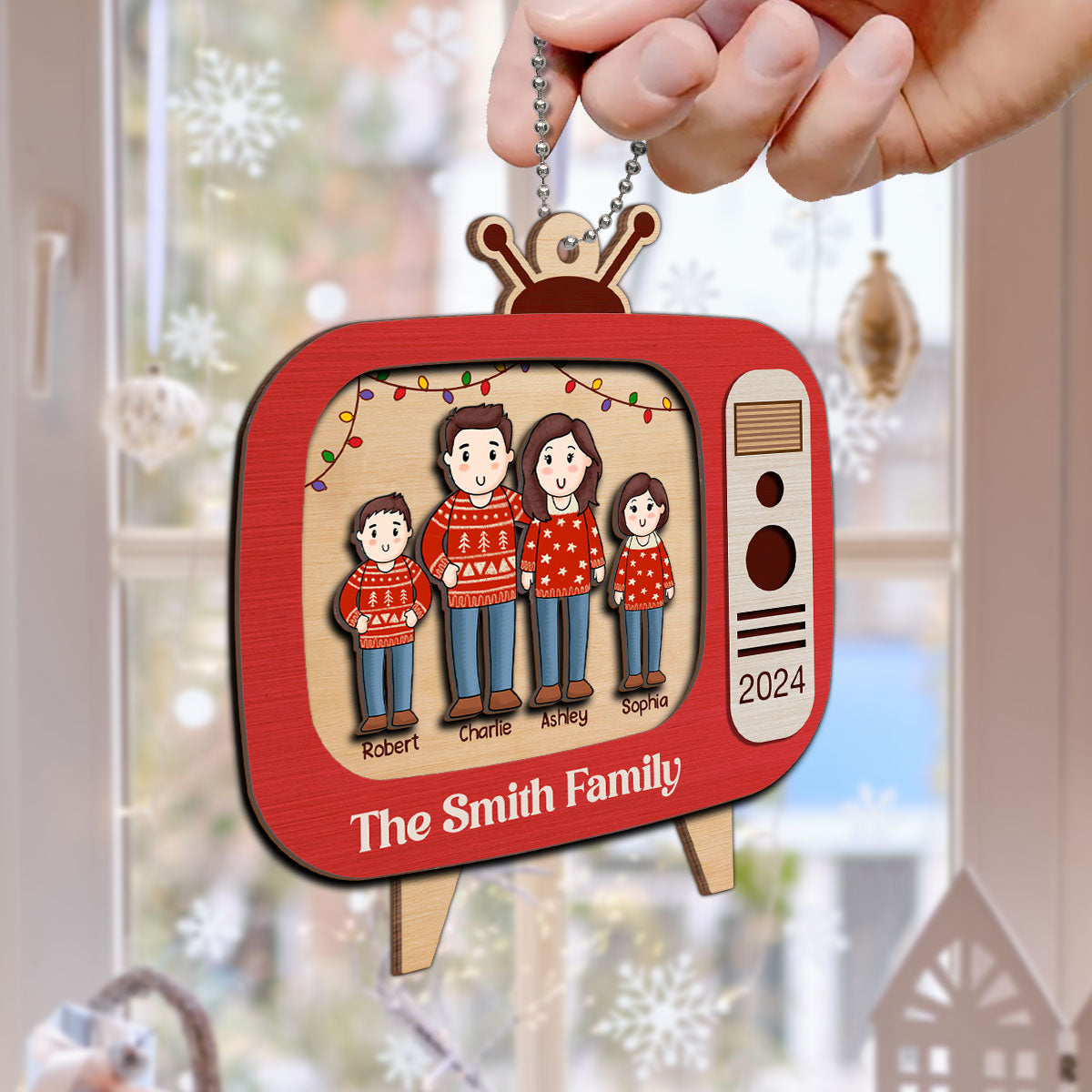 Comic Family In Christmas Red Retro Televison Personalized 2-Layer Wooden Ornament