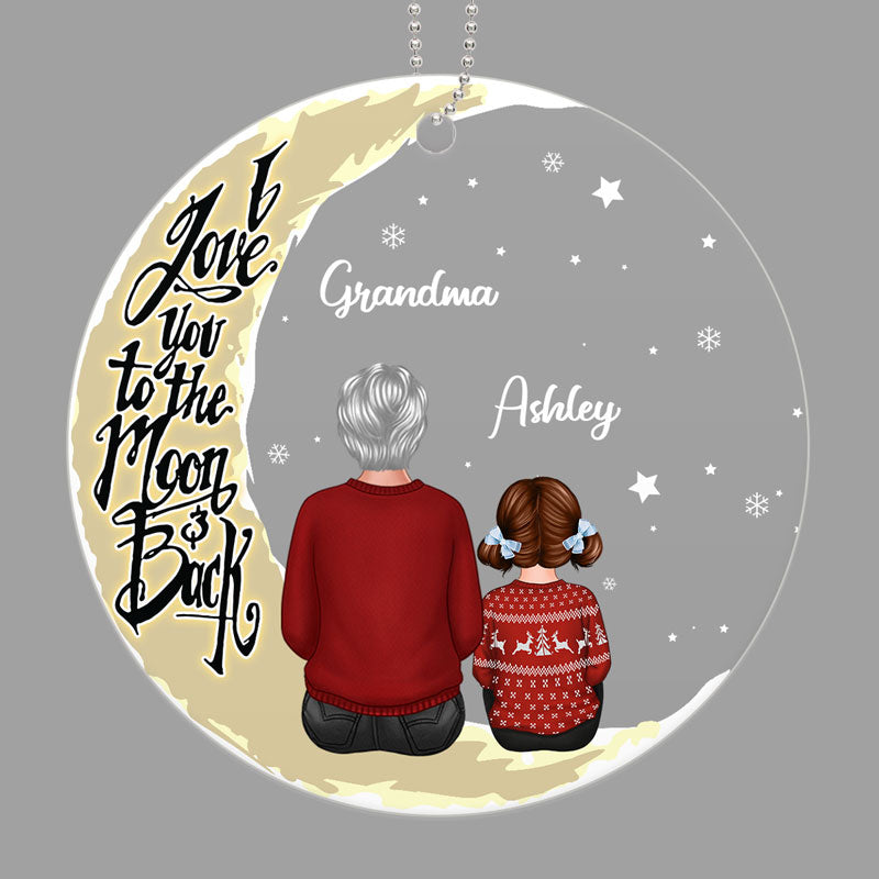 Grandma & Grandkids On Moon Back View Personalized Acrylic Ornament