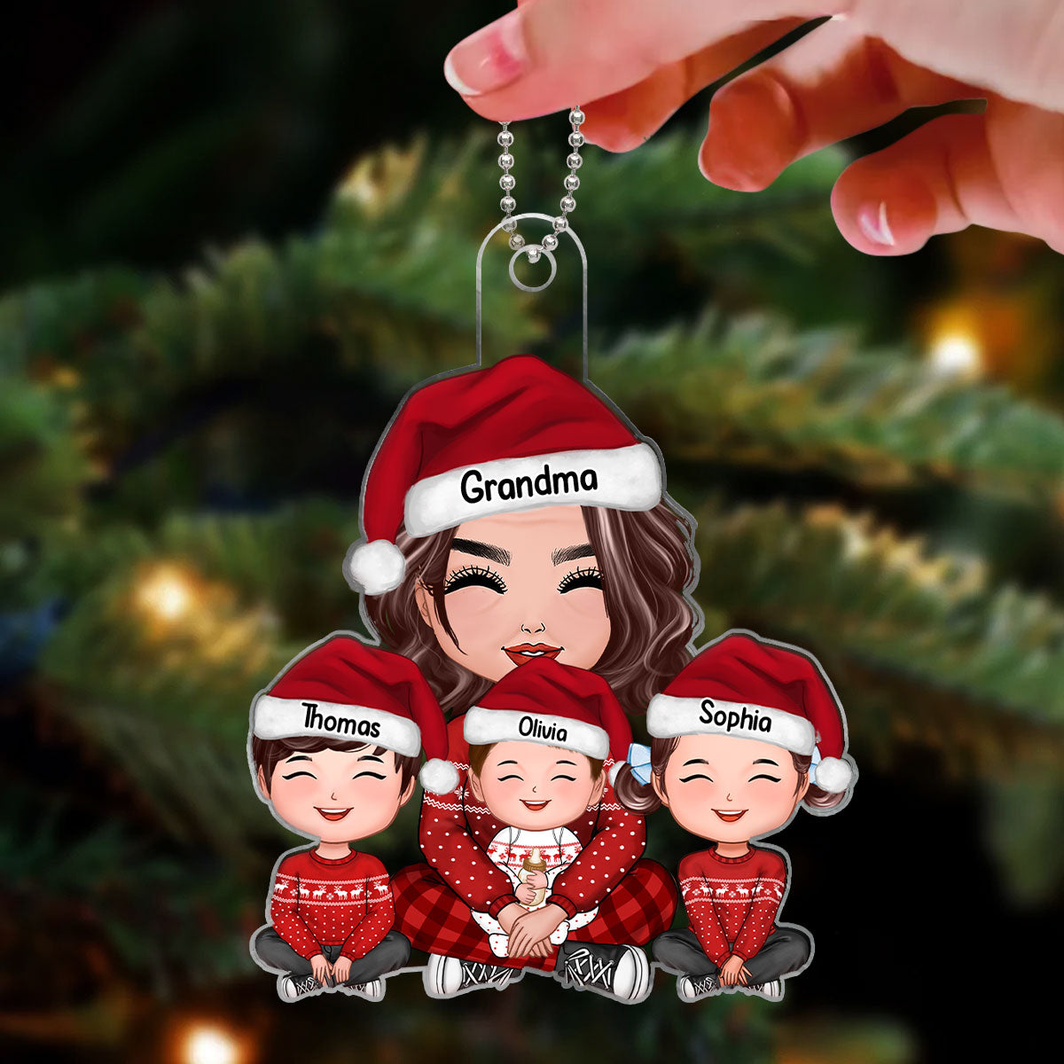 Grandma & Grandkids Sitting Crossed Legs Personalized Acrylic Ornament, Gift For Granddaughter Grandson