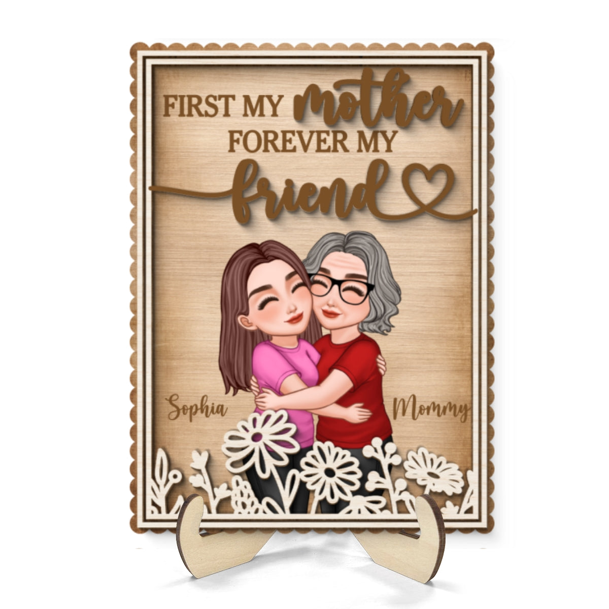 Mom Hugging Daughter Flowers Mother‘s Day Gift Personalized 2-Layer Wooden Plaque