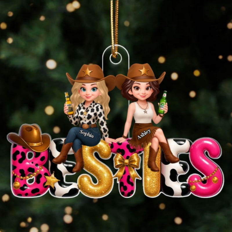 Western Besties Sitting under the Christmas Tree Personalized Acrylic Ornament - Gift for Best Friends