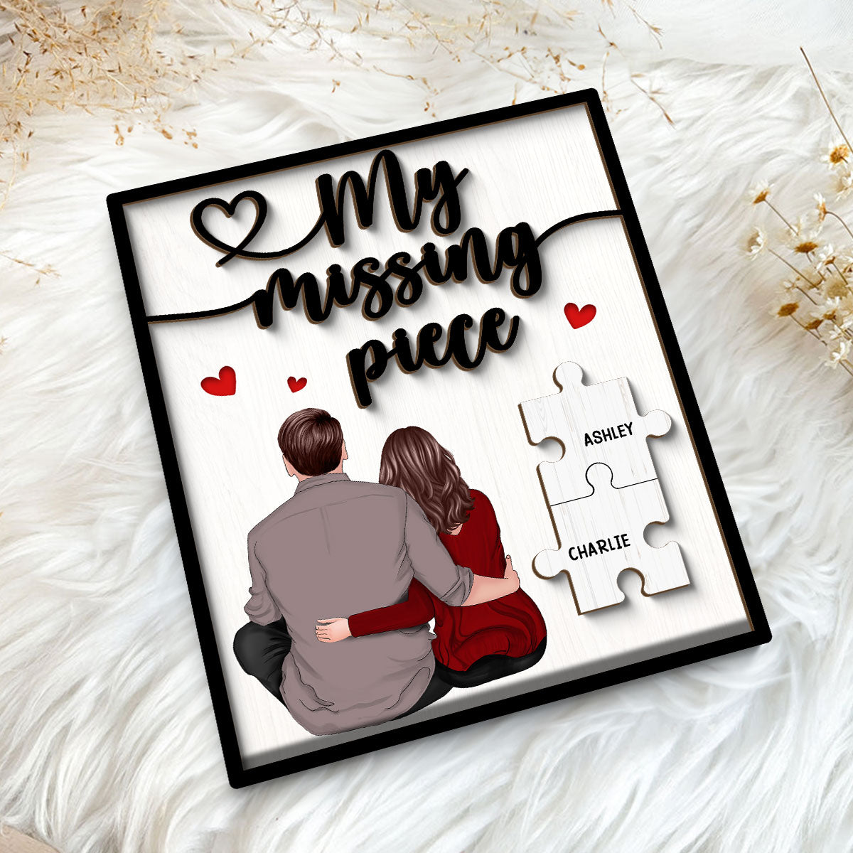 My Missing Piece Couple Sitting Back View Valentine‘s Day Gift For Her Gift For Him Personalized 2-Layer Wooden Plaque