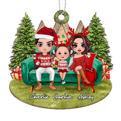 Christmas Family On Sofa Outdoor Personalized Wooden Ornament