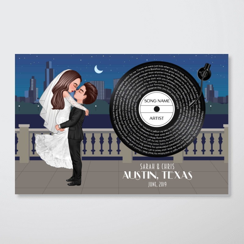 Groom & Bride City Wedding Song Poster, Personalized Couple Cartoon Portrait Wedding Gift Anniversary Gift  Gift For Him, For Her