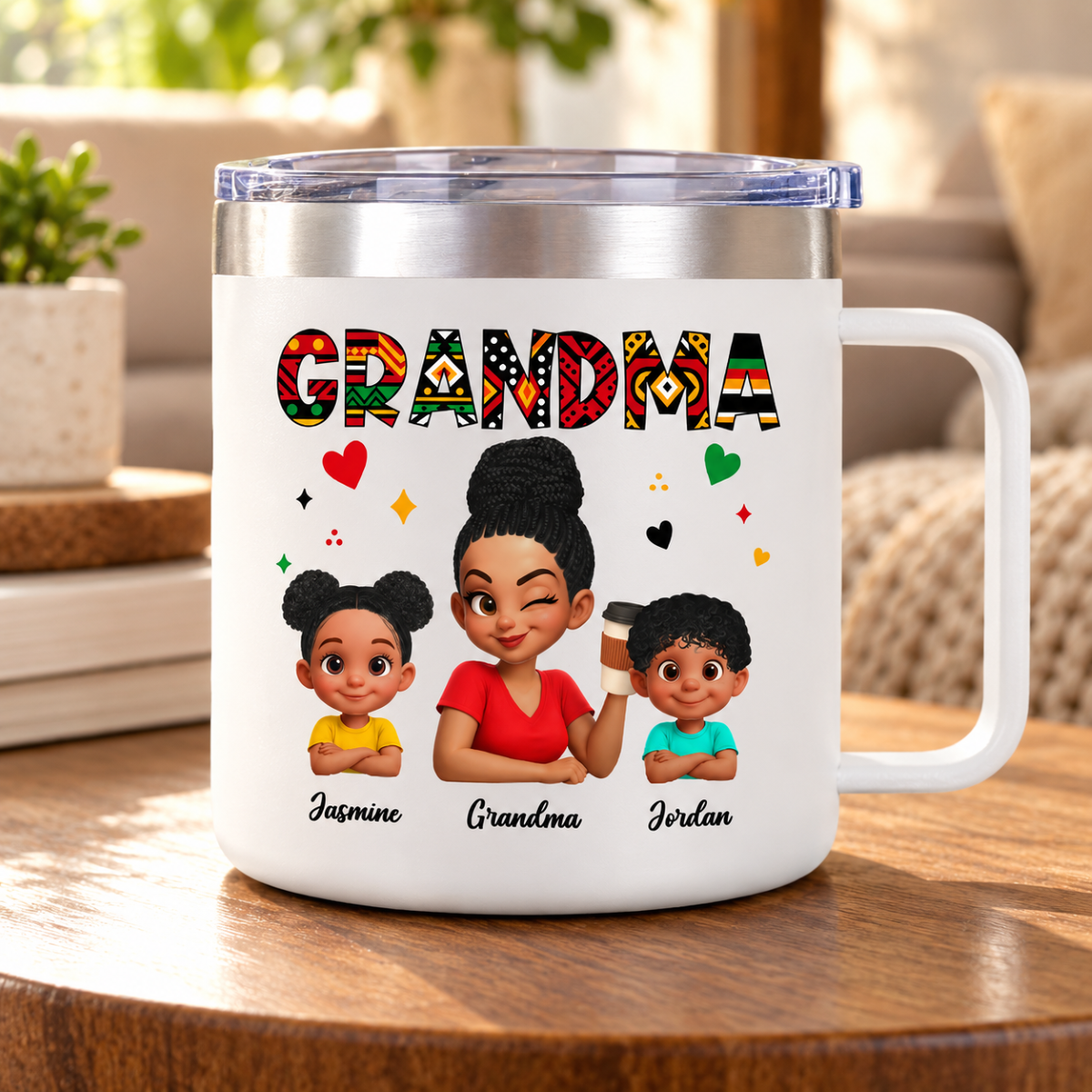 Tribal Pattern Grandma Grandkids Love - Personalized Stainless Steel Tumbler With Handle - Gift For Grandma