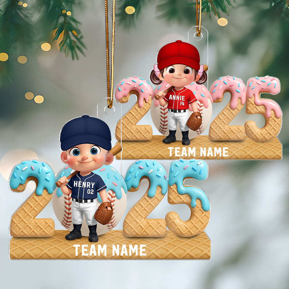 3D Effect Ice Cream Drip Sprinkles Kid Girl Boy Baseball Player - Personalized Acrylic Ornament - Christmas Gift For Kids, Granddaughter, Grandson, Daughter, Son