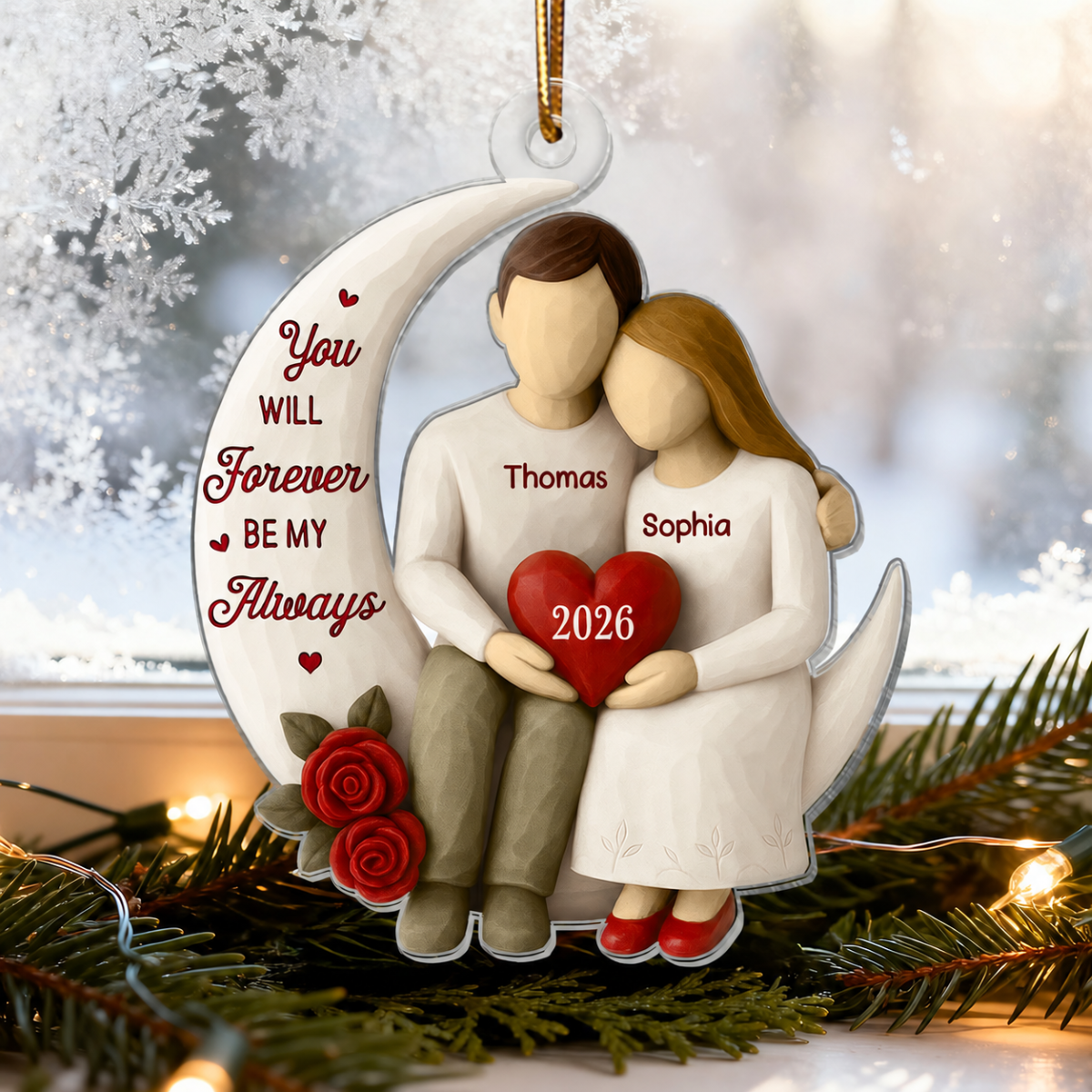 3D Effect Roses Wooden Texture Couple On Moon - Personalized Acrylic Ornament - Christmas Gift For Couple