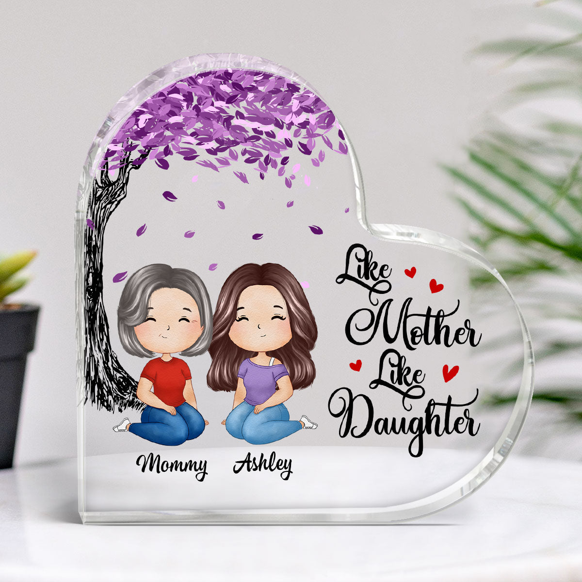 Watercolor Style Mom And Daughters Sitting Under Purple Tree Personalized Heart Acrylic Plaque