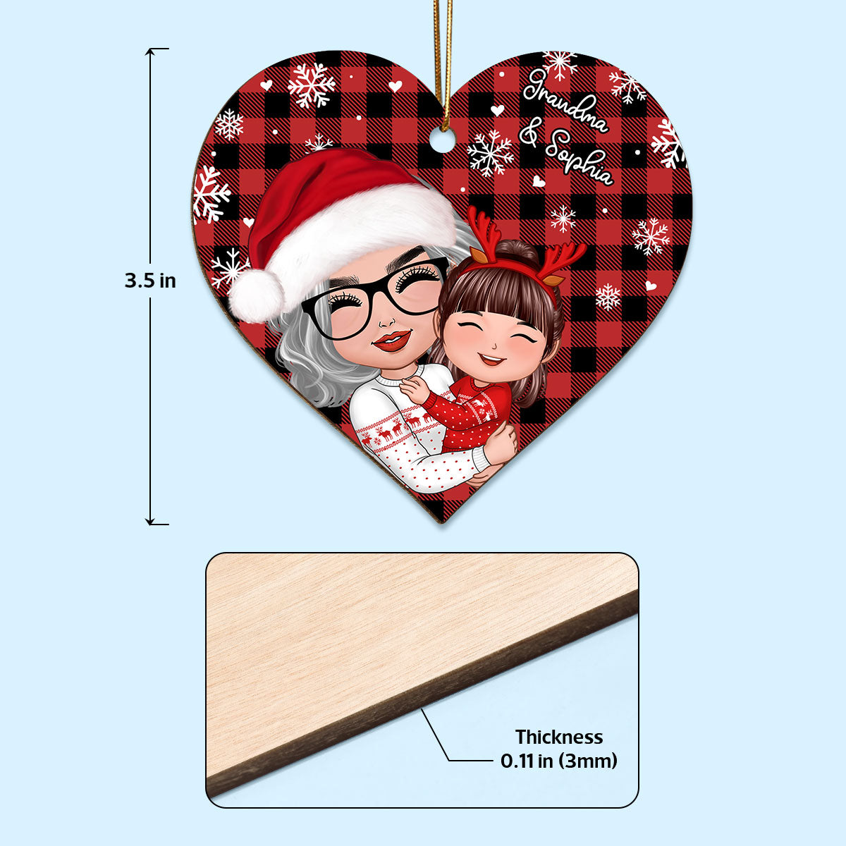 Checkered Snow Pattern Doll Grandma Hugging Kid Christmas Gift For Granddaughter Grandson Personalized Wooden Ornament