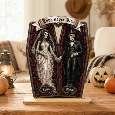 Skeleton Couple In Coffin 2D Flat - Personalized Wooden Plaque - Halloween Decoration
