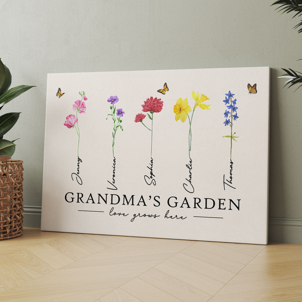 Grandma‘s Garden Love Grows Here Watercolor Birth Month Flower Gift For Grandma Mom Personalized Canvas Print