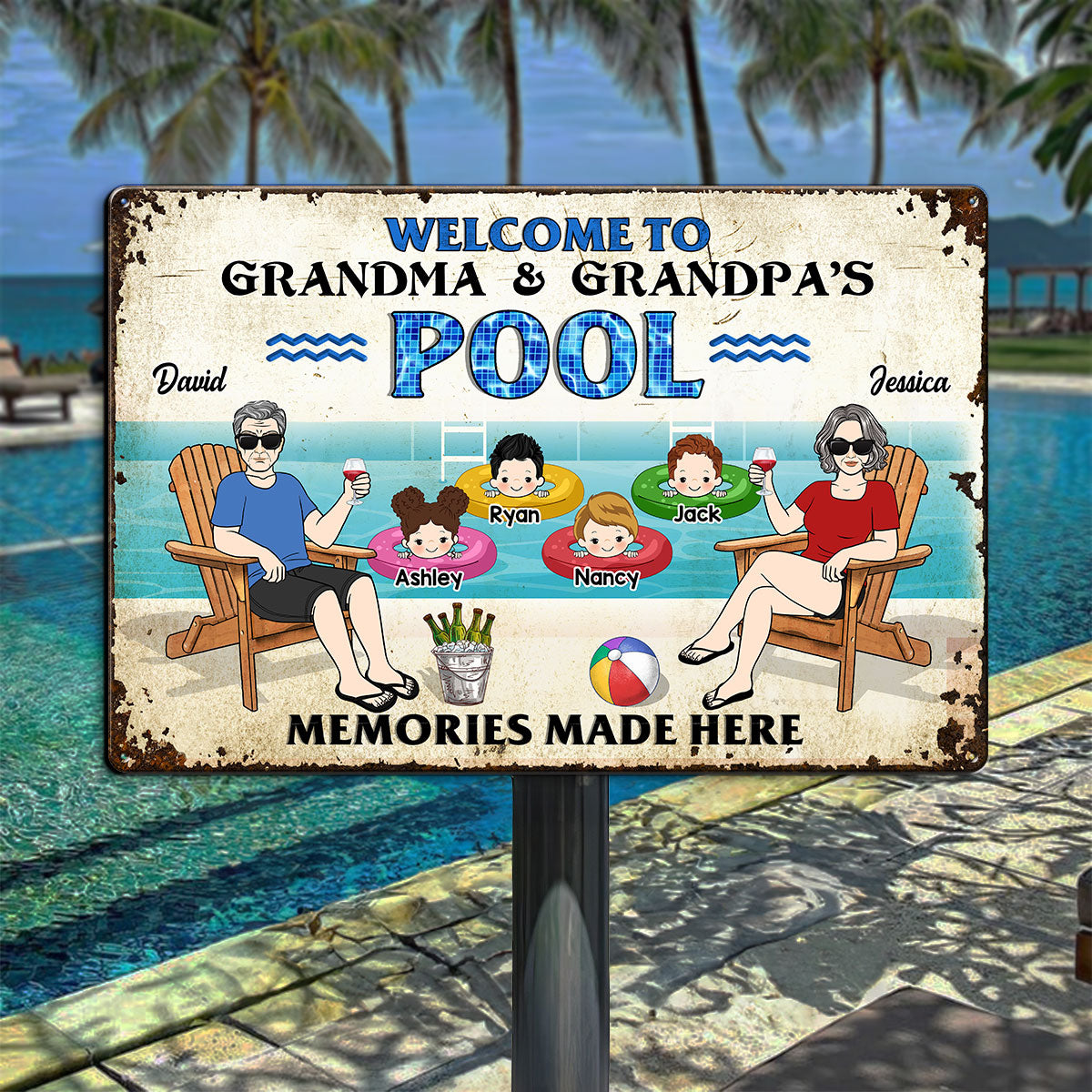 Welcome To Grandparents Pool Personalized Metal Sign, Housewarming Gift, Birthday Gift For Dad Mom Grandpa Grandma