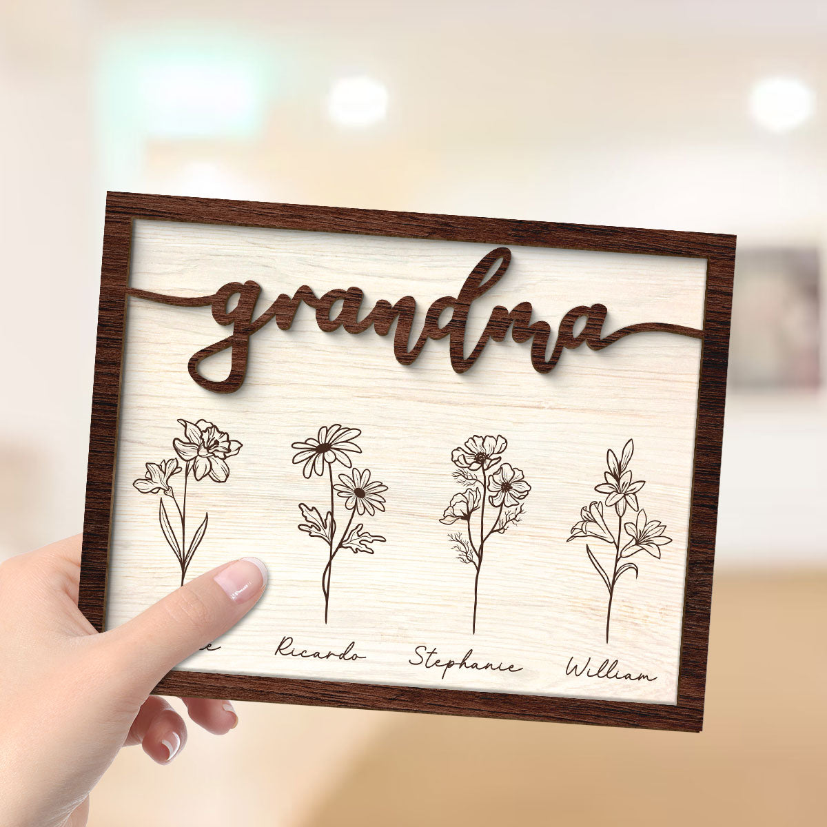 Rustic Grandma Flowers Personalized 2-Layer Wooden Plaque