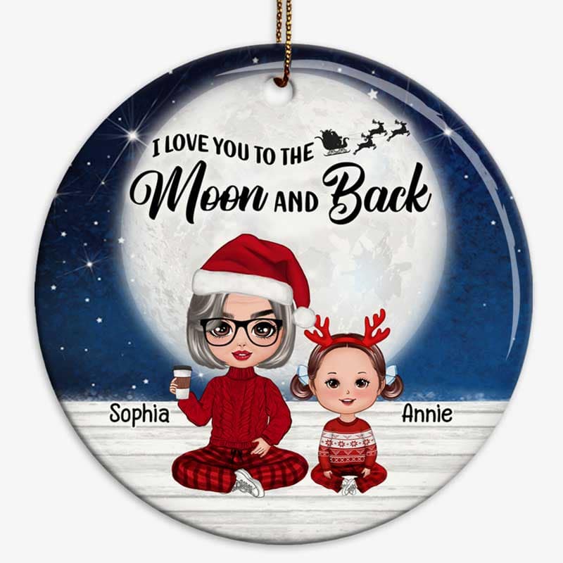 Doll Grandma & Grandkids Christmas Night Moon Light Personalized Circle Ornament
