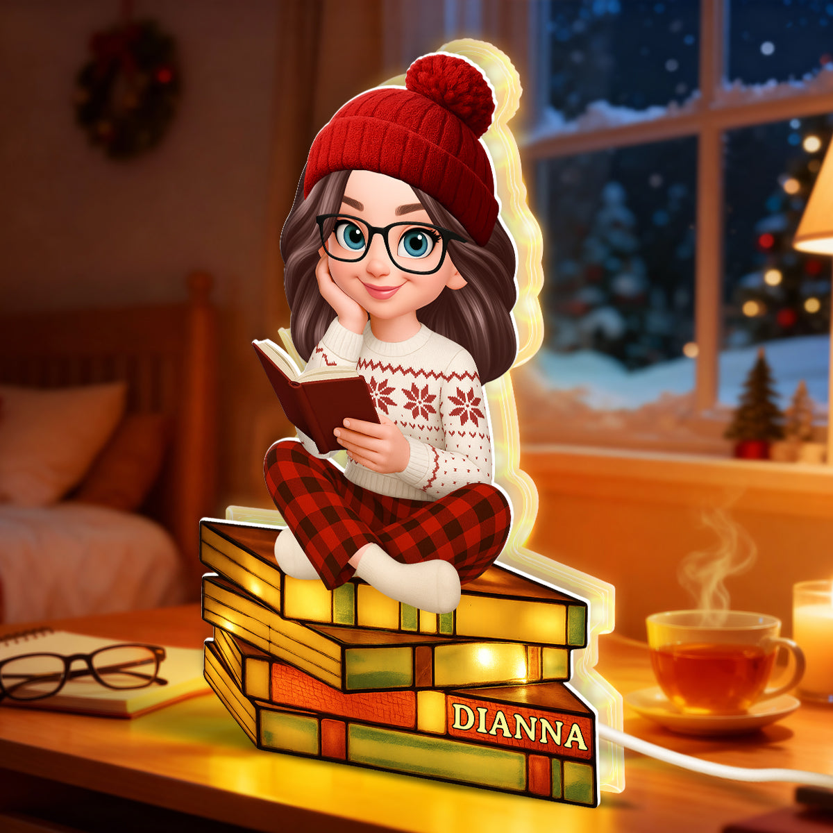 3D Stained Glass Effect Christmas Cozy Vibe Pretty Girl Reading Book - Personalized Light Box