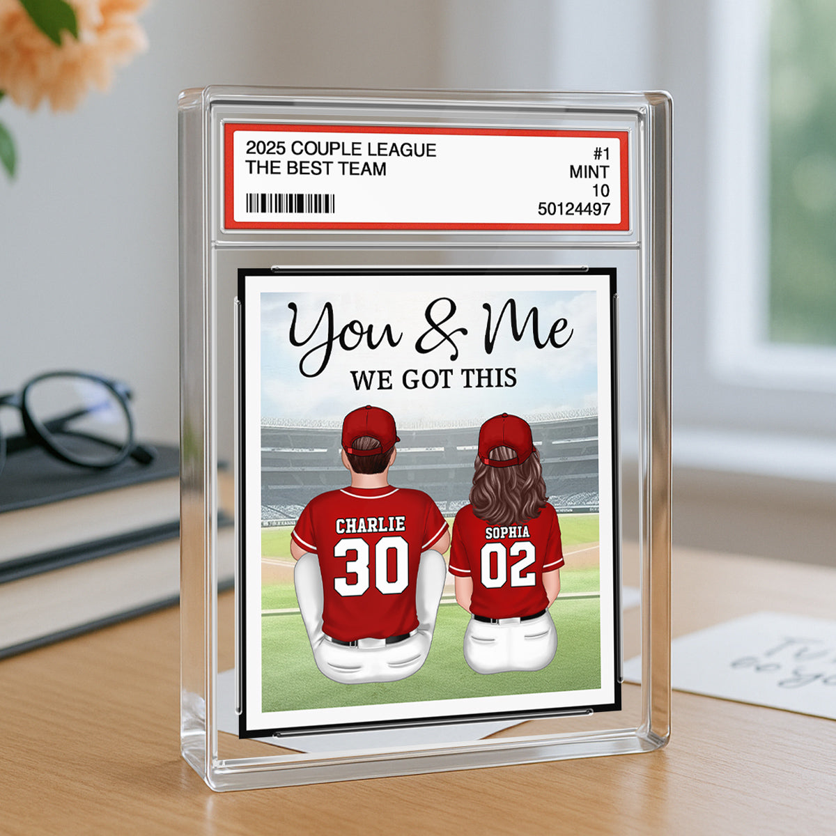Baseball Couple Sitting Back View Trading Card Style Personalized Acrylic Block Plaque, Gift For Him, Gift For Her