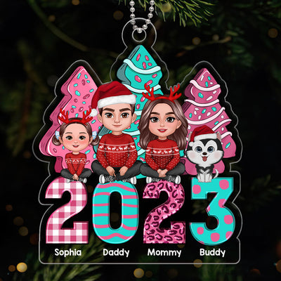 Pink And Teal Christmas Tree Cake Family Sitting Personalized Acrylic Ornament