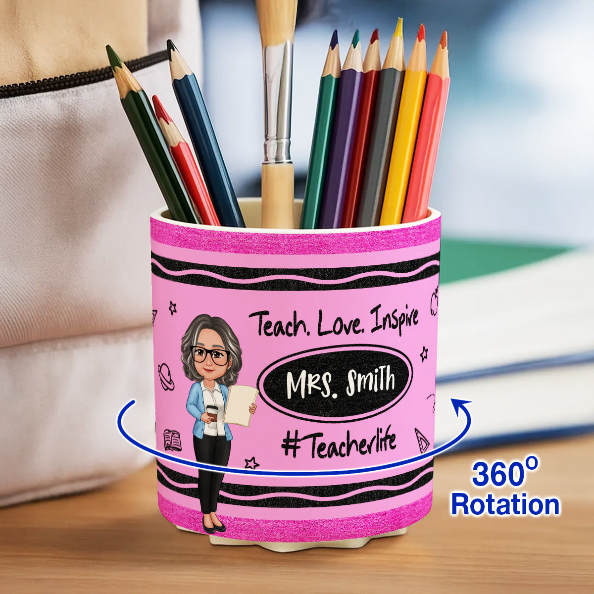 Teacher Crayon Pattern Personalized Rotating Pen Holder, Teacher Appreciation Gift, Back To School Gift