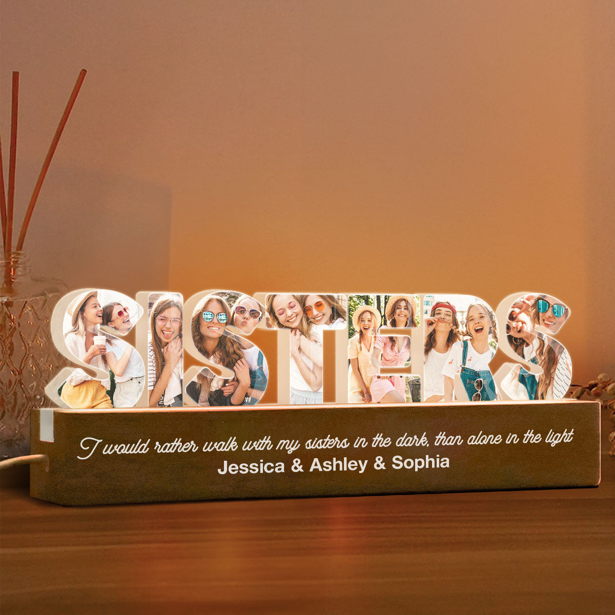 Sisters Photo Collage Personalized Acrylic LED Night Light, Birthday Gift For Sisters