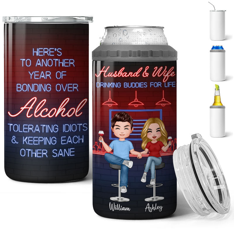 Here‘s To Another Year Funny Drinking Couple Multiple Use Tumbler - Personalized 4 In 1 Can Cooler -  Day’s Gift For Him For Her