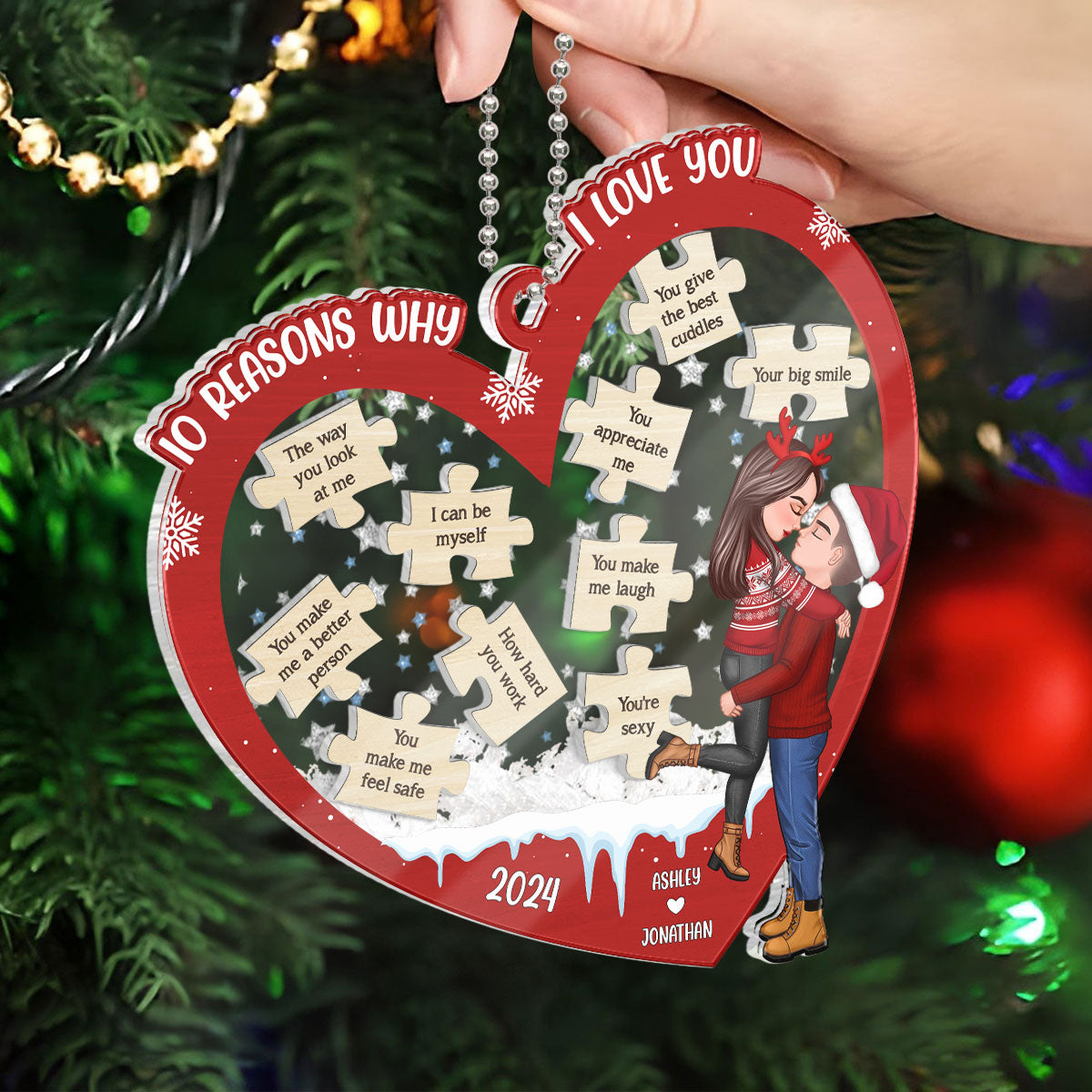 Reasons Why I Love You Christmas Couple Hugging Kissing Personalized Shaker Ornament, Christmas Gift For Her, For Him