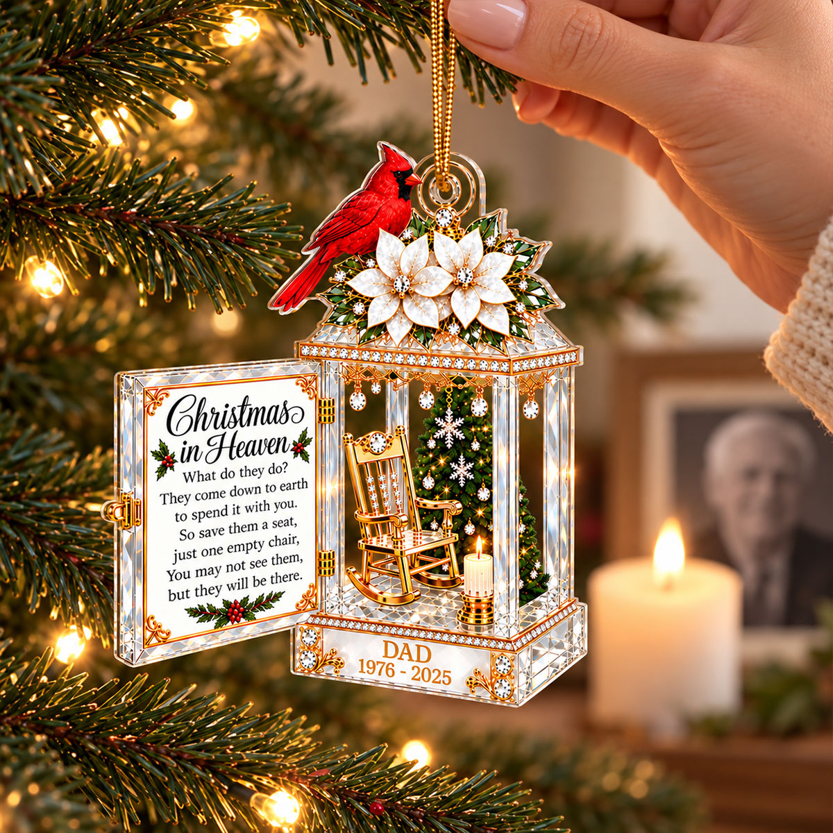 Cardinal Lantern Christmas In Heaven Crystal Effect 2D Falt - Personalized Acrylic Ornament - Remembrance Memorial Gift For Loss Of Loved One