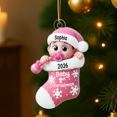 3D Effect Cute Cartoon Baby In Stocking Baby's 1st Christmas Personalized Acrylic Flat Ornament