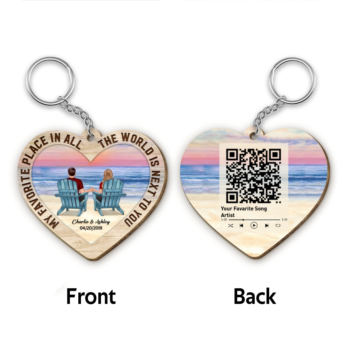 Couple Back View At Beach Favorite Song Scannable QR Code Personalized Heart Shaped Wooden Keychain