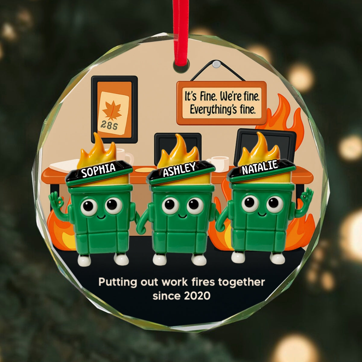3D Effect Dumpster Fires In Office Scene - Personalized Ornament - Funny Gift For Colleagues, Work Besties