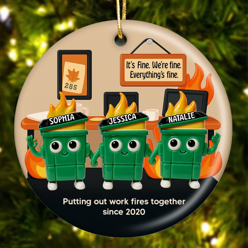 3D Effect Dumpster Fires In Office Scene - Personalized Ornament - Funny Gift For Colleagues, Work Besties