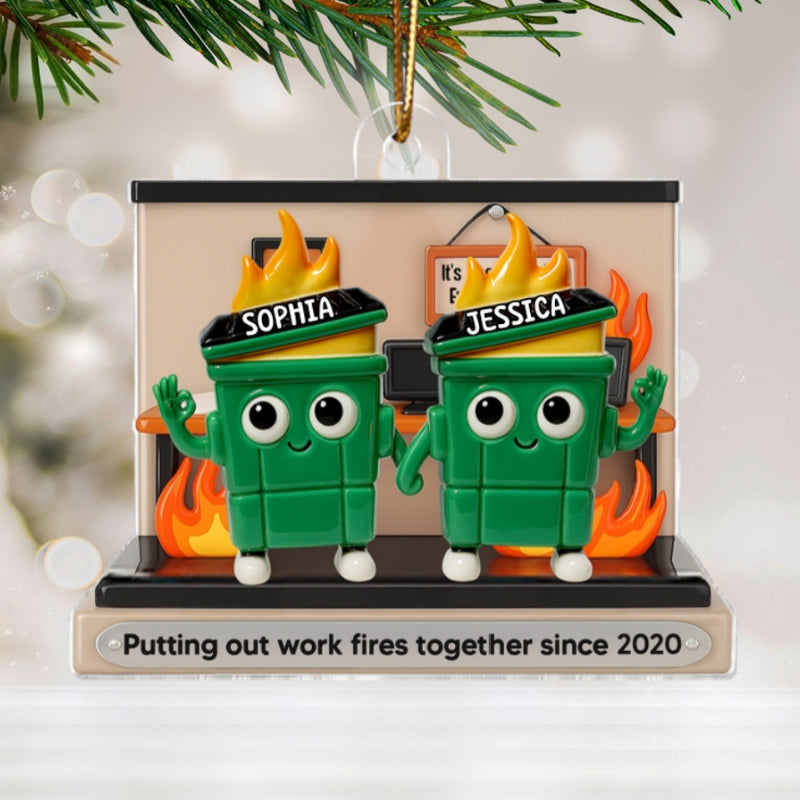 3D Effect Dumpster Fires In Office Scene - Personalized Ornament - Funny Gift For Colleagues, Work Besties