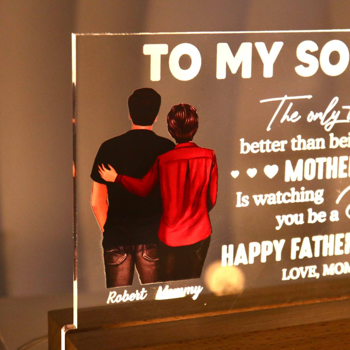 From Mom To Son Happy Father's Day Personalized Acrylic Warm LED Night Light, Heartfelt Gift For Son
