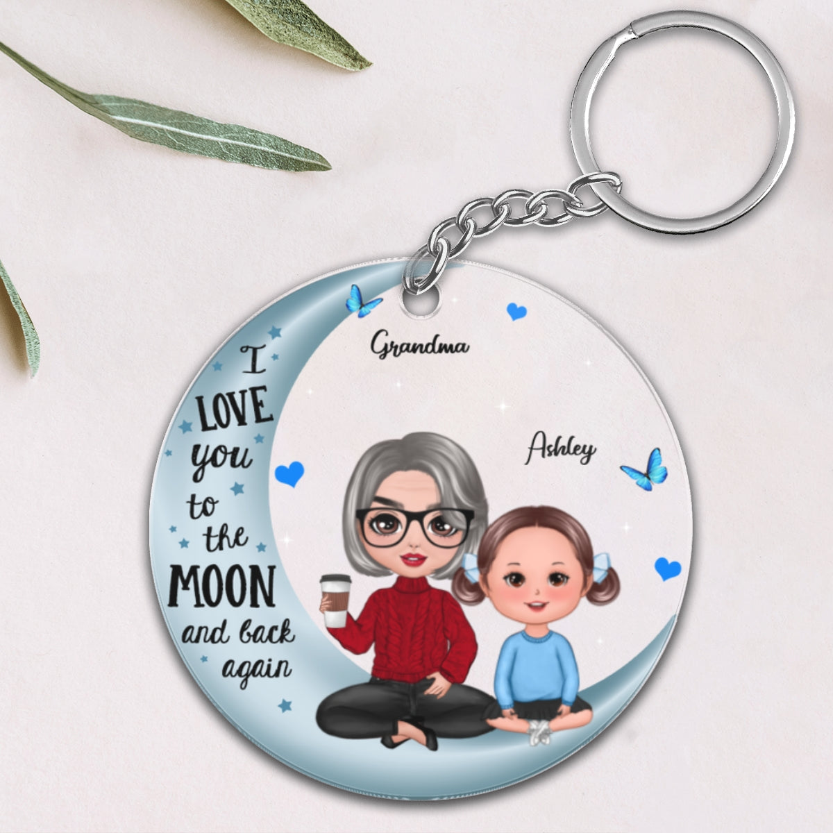 Doll Grandma & Grandkid On Blue Moon Personalized Acrylic Keychain