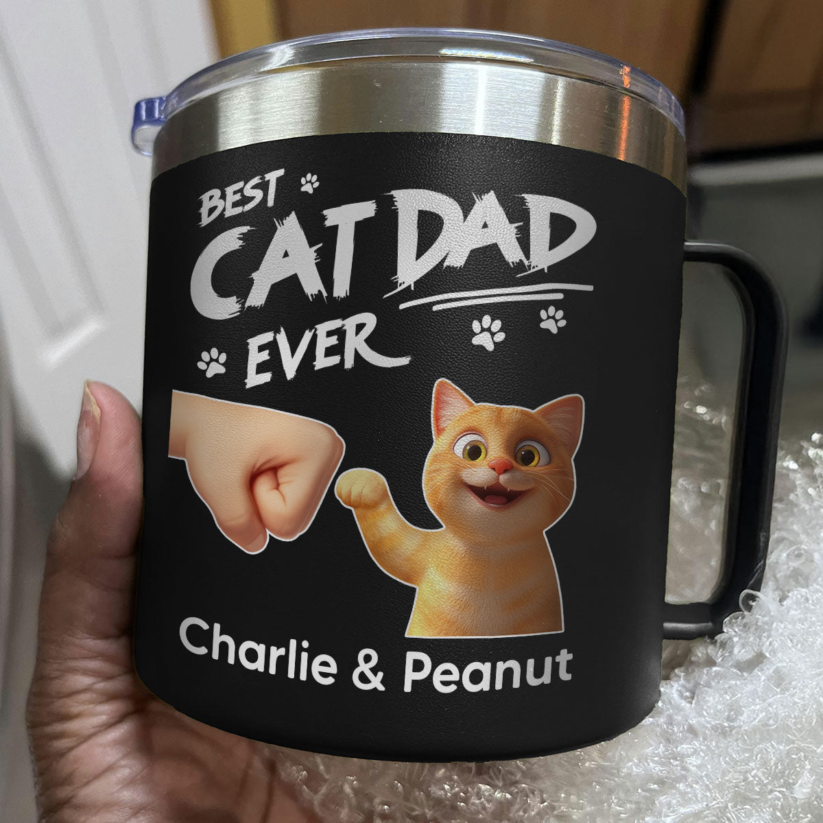 Best Cat Dad Ever Personalized Stainless Steel Tumbler With Handle, Unique 2025 Father's Day Gift For Cat Lovers