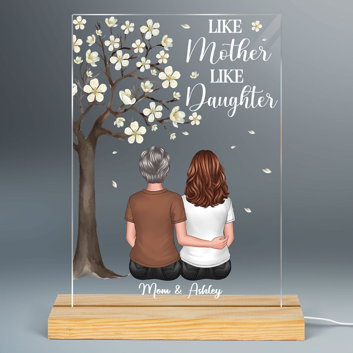 Mother Daughter Back View Under White Flower Tree Personalized Acrylic LED Night Light