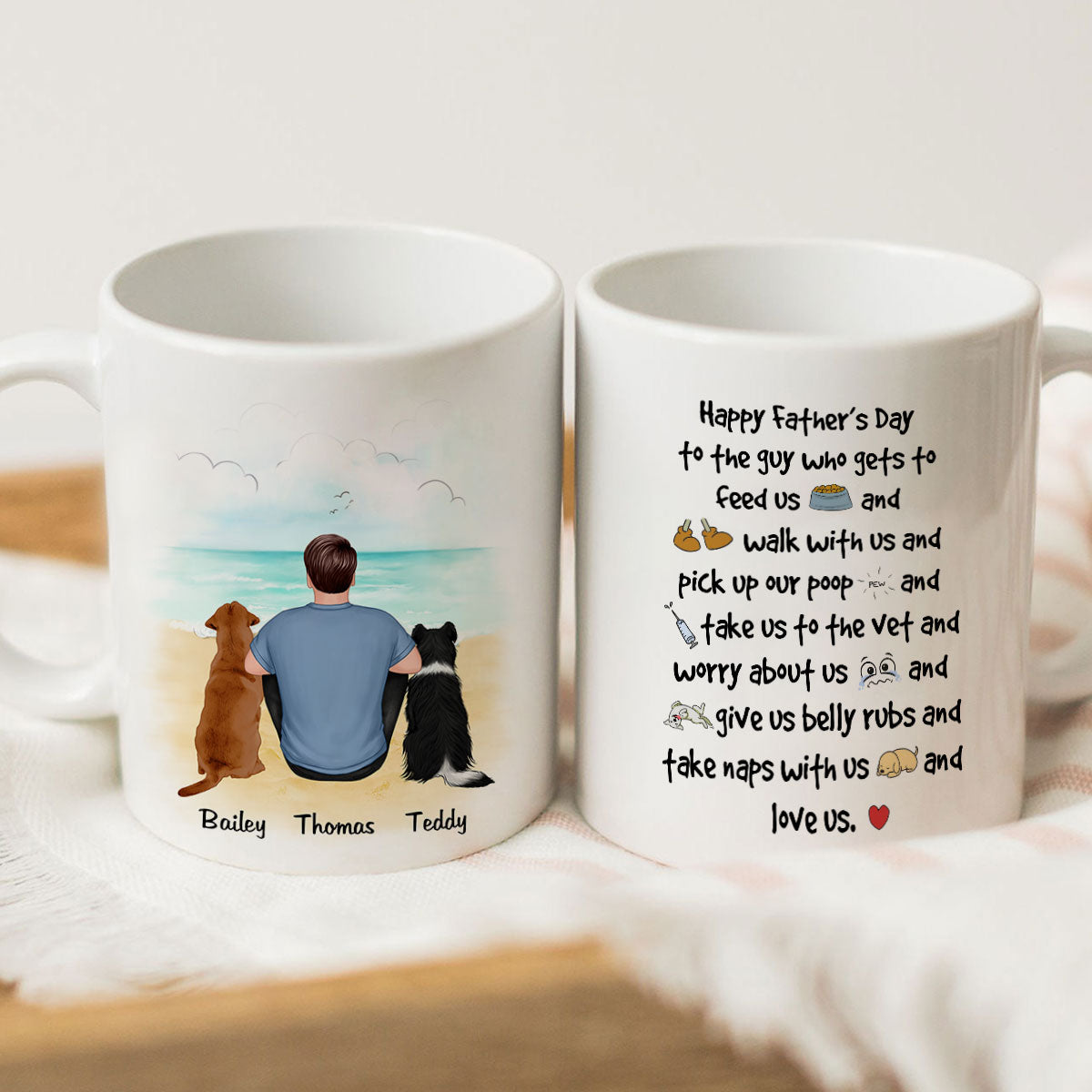 Back View Man And Dog Sitting At Beach Happy Father‘s Day To The Guy Gift For Dog Dad Personalized Mug