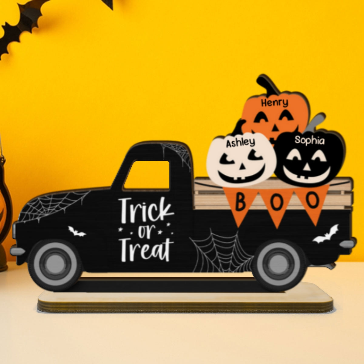 Halloween Pumpkin Truck Trick Or Treat Personalized 2-Layer Standing Wooden Plaque, Halloween Decoration, Tiered Tray Decor