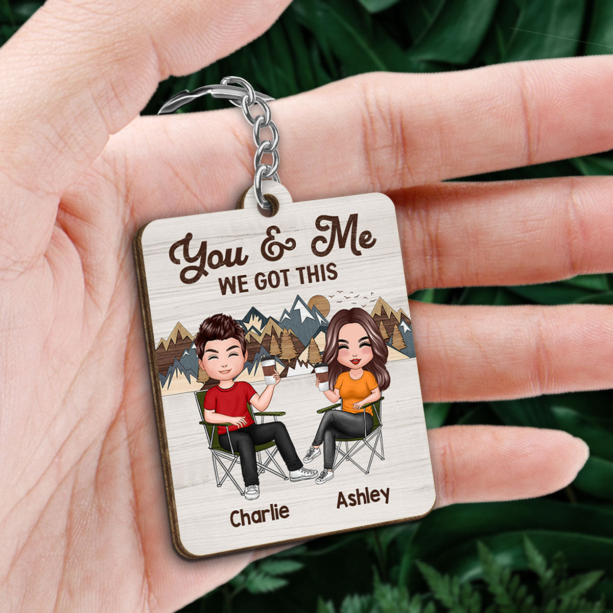 Doll Couple Sitting On Chair Favorite Song QR Code Mountain Layer Effect Personalized Wooden Keychain