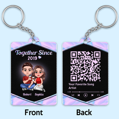 Doll Couple Sitting Together Galaxy Metal Texture Favorite Song QR Code Personalized Acrylic Keychain