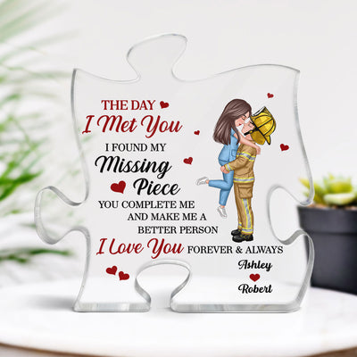 The Day I Met You Couple Valentine‘s Day Gifts by Occupation Gift For Her Gift For Him Firefighter, Nurse, Police Officer Personalized Puzzle Acrylic Block Plaque