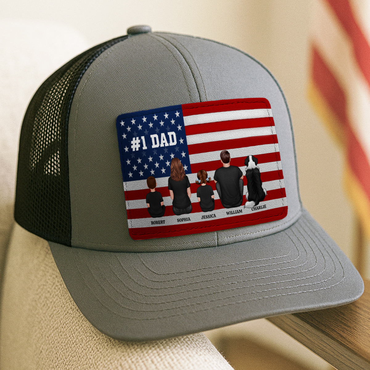 Nation Flag Dad And Kids Sitting Personalized Leather Patch Hat, Gift For Dad