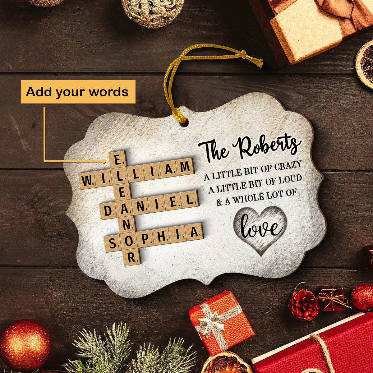 Family Whole Lot Of Love Crossword Puzzle Art - Captured In A Moment, Cherished For A Lifetime Personalized 2-Layered Wooden Ornament