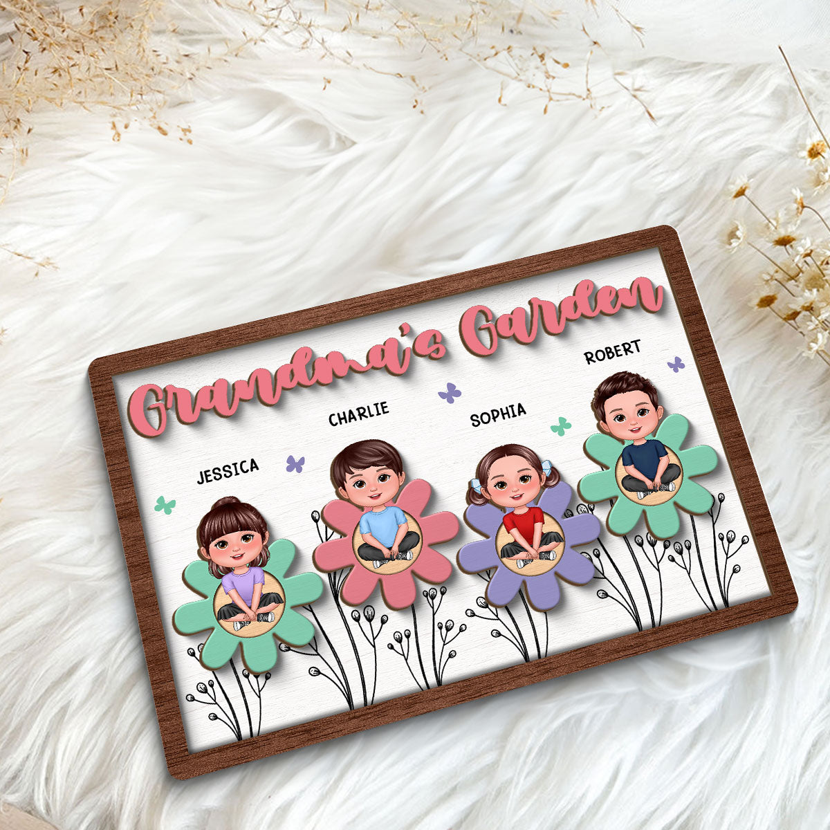 Grandma Mom Garden Crossed Legs Colorful Flowers Personalized 2-layer Wooden Plaque
