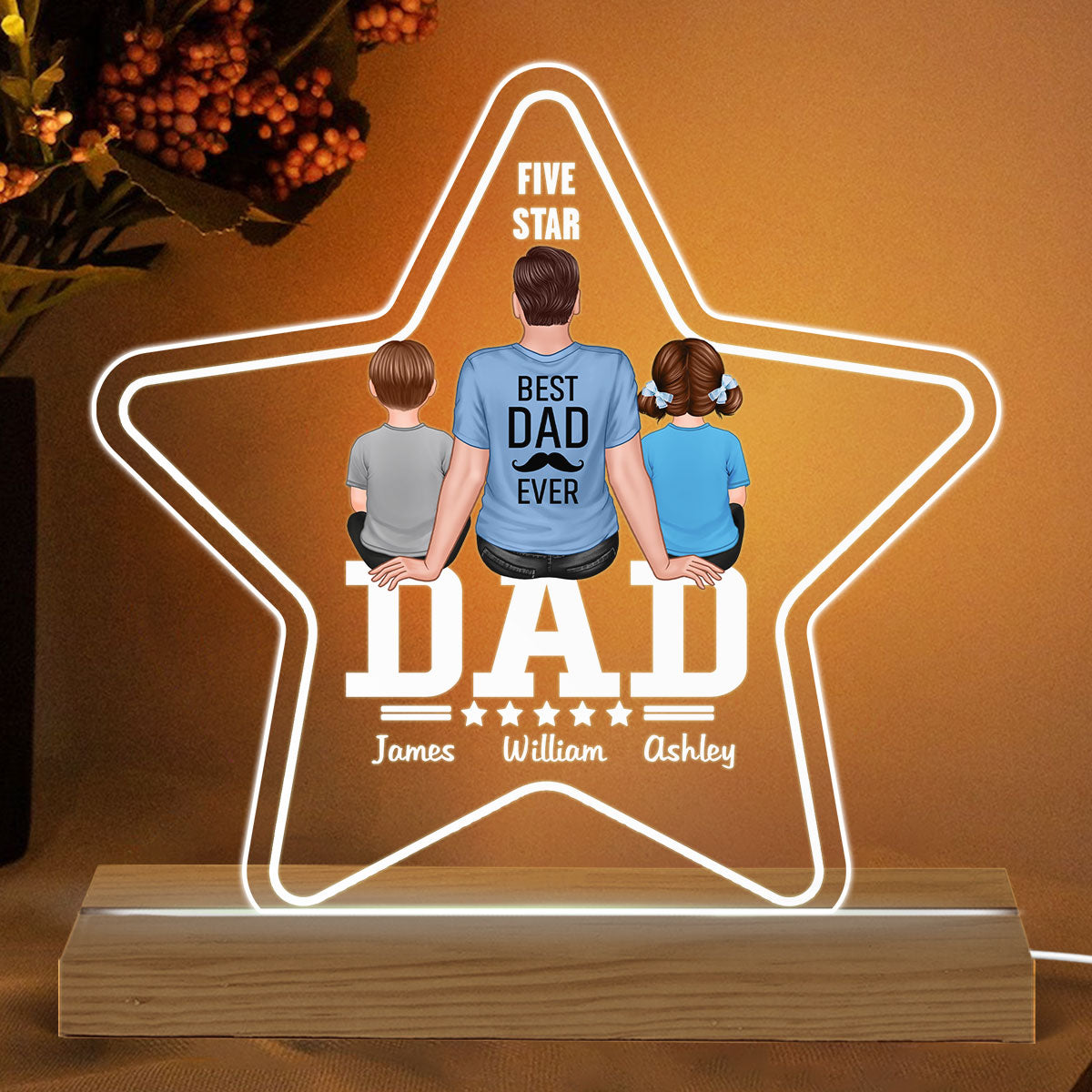 Five - Star Sitting Dad And Kids Back View Personalized Acrylic Custom Shape LED Night Light