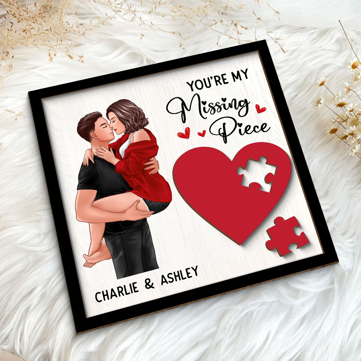 Couple Kissing Passionate Missing Piece Red Heart Valentine‘s Day Gift For Her Gift For Him Personalized 2-Layer Wooden Plaque