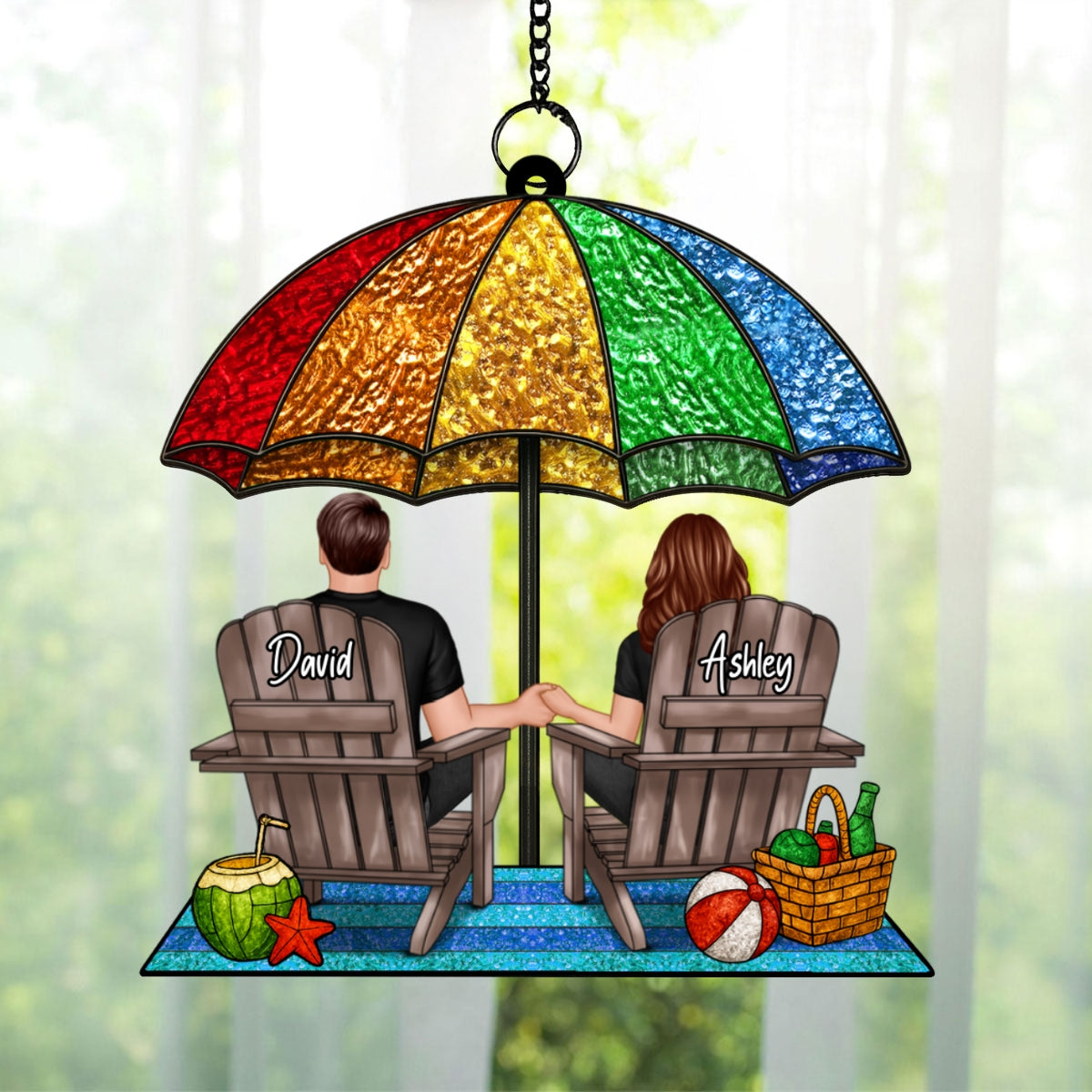 Under Beach Umbrella Happy Couple Personalized Suncatcher