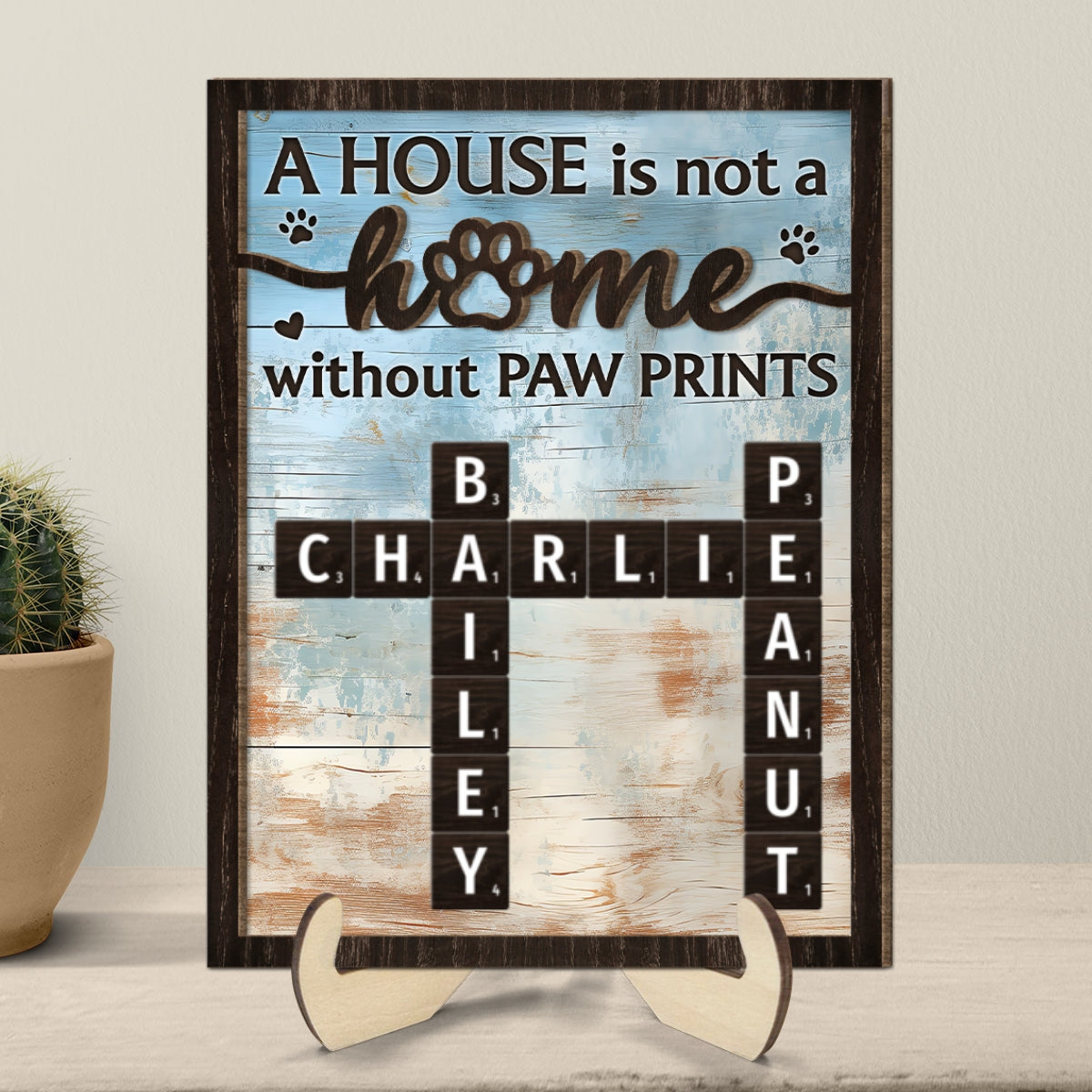 Home With Paw Prints Pet Crossword Puzzle Art Personalized 2-Layer Wooden Plaque